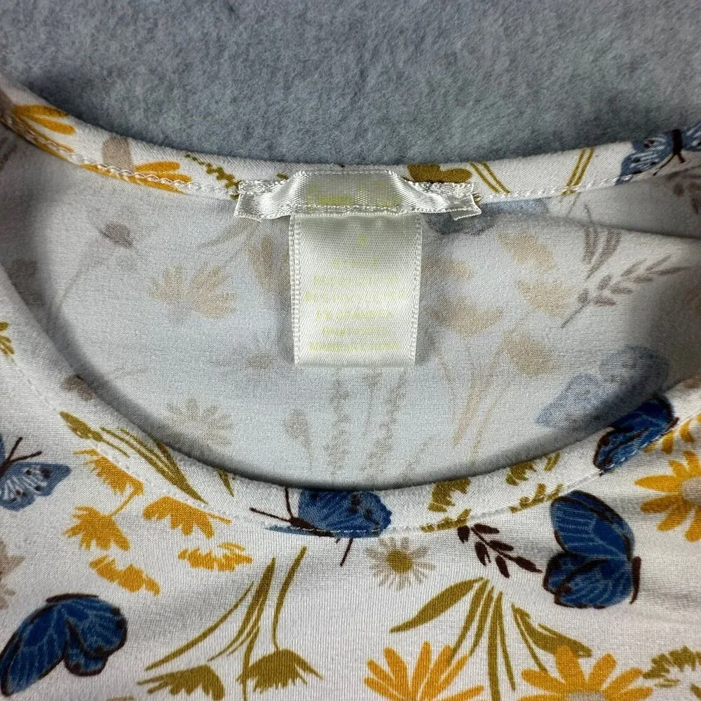 Girls Size 8 Butterfly Floral Dress Ivory Mustard Blue Pockets Fall